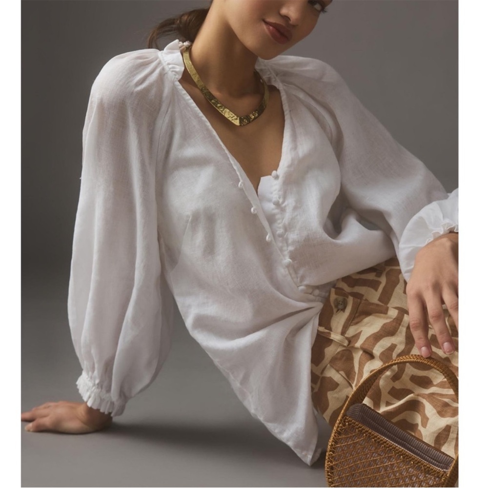 Anthropologie The Audie Linen Puff-Sleeve Blouse